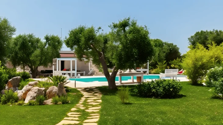 A lush green garden with scattered bushes and trees surrounds a curved stone path leading to a modern swimming pool at an exclusive holiday villa in Salento. White outdoor lounge chairs and a shaded seating area sit under a clear blue sky.
