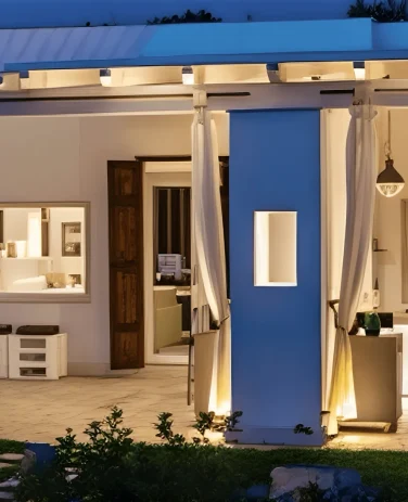 Exterior view of Villa Mia, a premier eco luxury villa in Salento featuring a natural pool, local stone architecture, and sustainable landscaping blending with the Mediterranean nature.